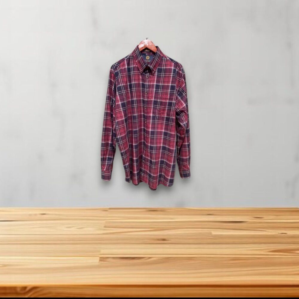 Viyella Mens Traditional Fit Tartan Plaid Button Down Shirt Size L Burgundy Navy